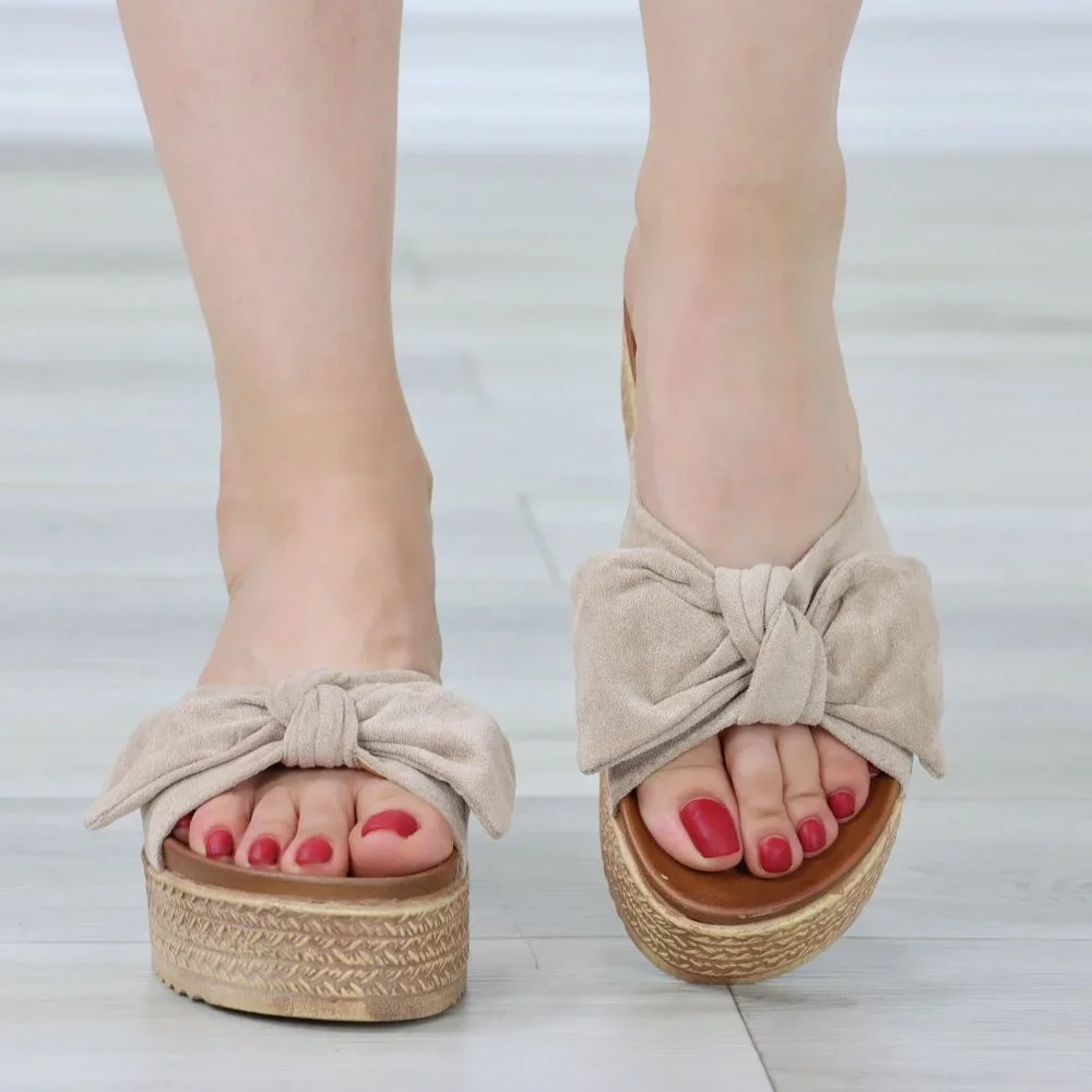 Suede Nude Bow Comfort Platform Sandal Slip On Sliders - Picture 11 of 14